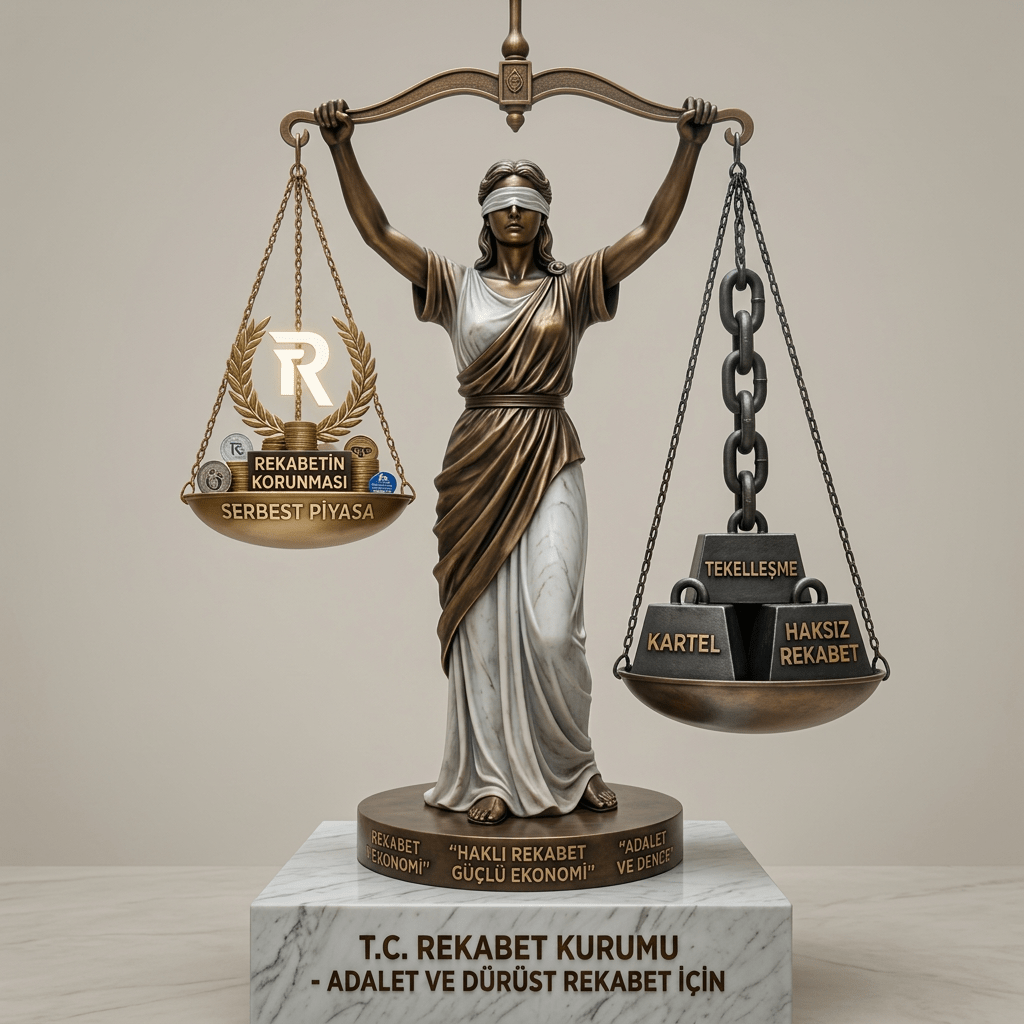 Statue of Lady Justice with scales balancing fair competition symbols and weights labeled cartel and unfair competition